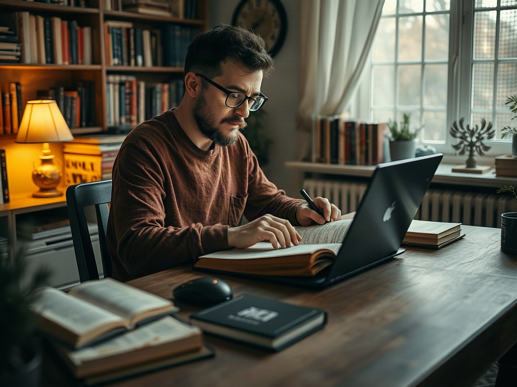На изображении мужчина работает за столом, читая книгу и используя ноутбук в уютной обстановке.