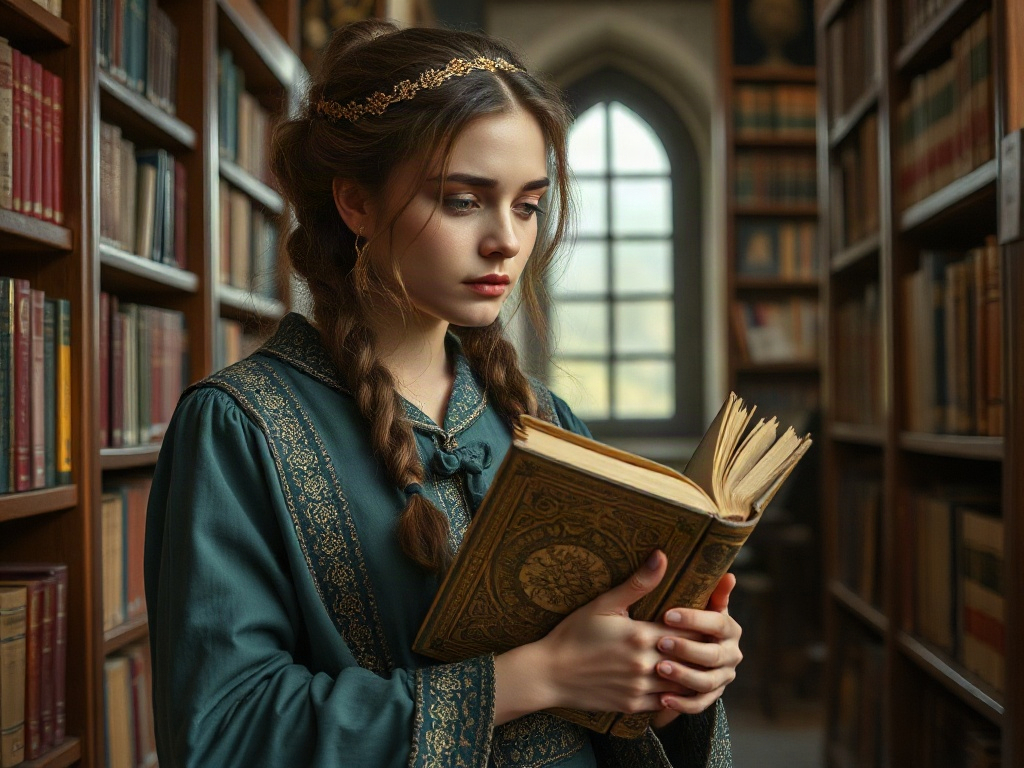 Девушка в библиотеке читает старинную книгу, окруженная полками с книгами и мягким светом из окна.