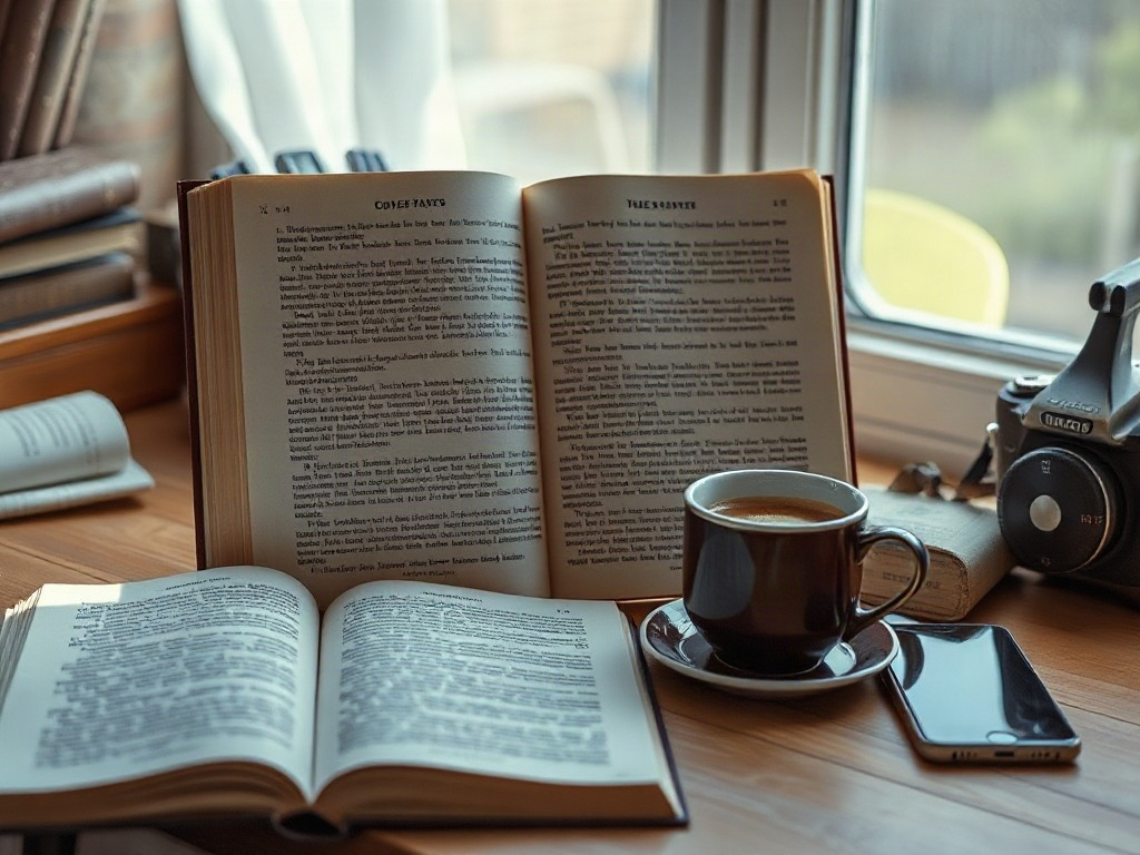 На столе лежат книги, чашка кофе и камера, свет падает через окно. Атмосфера уюта и спокойствия.